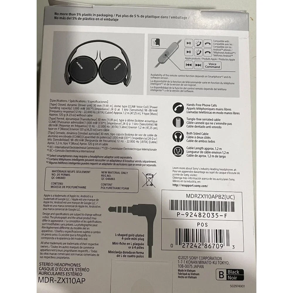 Sony MDR-ZX110AP Wired Stereo Headphones With Mic - Black Lightweight